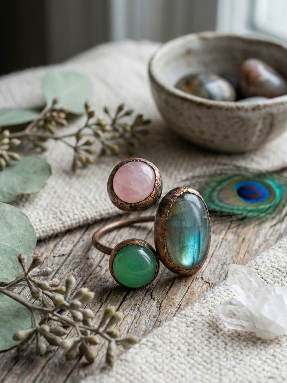 Boho Copper Ring Rose Quartz Aventurine Labradorite Adjustable Healing Crystal - Picture 7 of 15